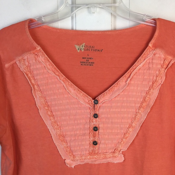 Natural Reflections Boho Cotton V-neck Top Lace trim Coral Size L NWOT - Picture 2 of 5